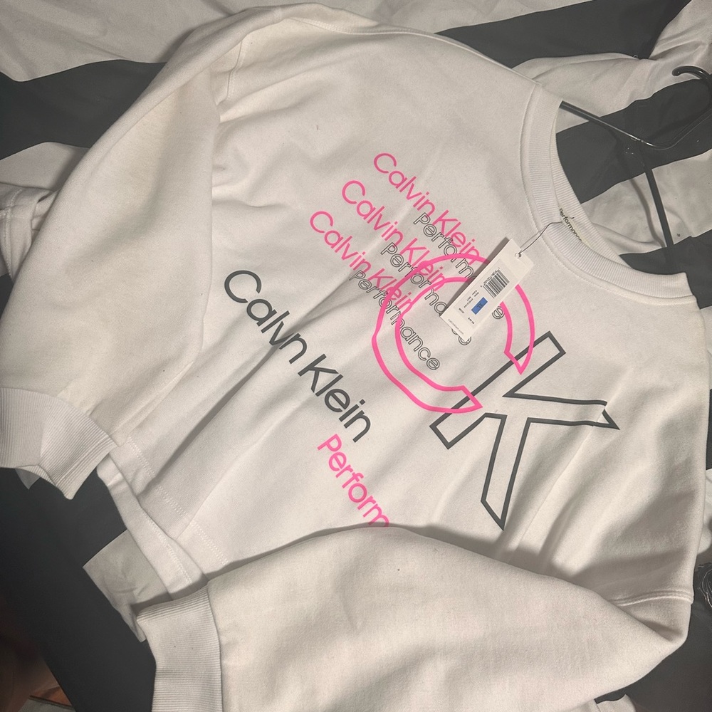 Calvin Klein Pink and White Crew Neck Sweater